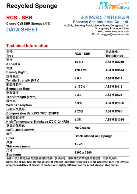 List of Physical Properties of Recycled SBR Sponge